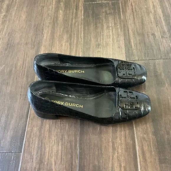 Tory Burch Black Size 11 Patent Leather Georgia Pump Square Toe Croc Embossed - Picture 2 of 6